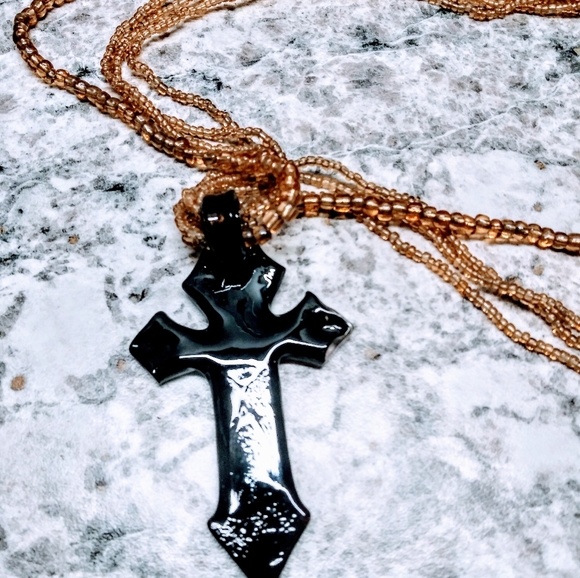 Glass Cross Necklace in Bronze/Gold/ Black - Picture 2 of 8